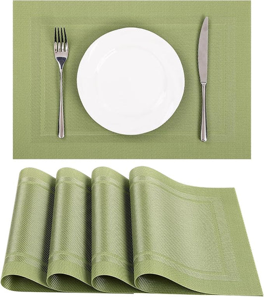 SHACOS Woven Vinyl Placemats Set of 4 Wipe Clean Place Mats Non Slip Reversible Dining Table Mats Indoor Outdoor (4, Frame Olive Green)