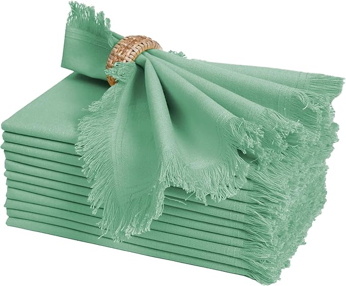 Bedding Craft Cotton Cloth Dinner Napkins Set of 12 – 18x18 Bird Egg Gray (Sea Green) with Fringed Corners – Machine Washable Fabric Napkins for Weddings, Parties & Everyday Dining