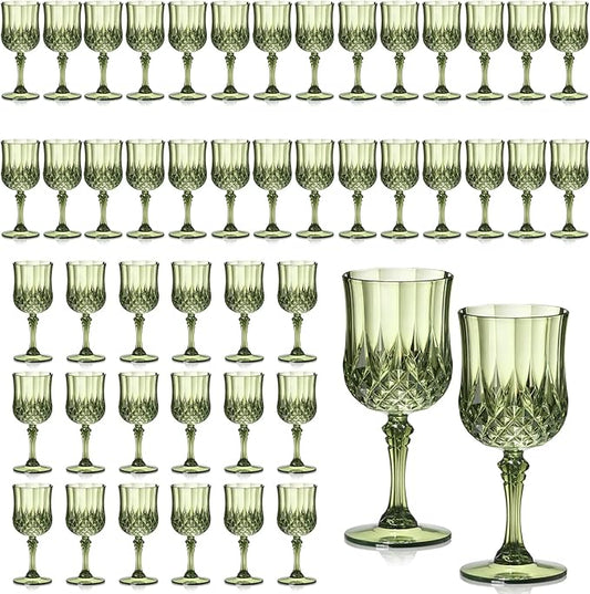 XUWAIDSGN 48 Pcs 7oz Plastic Vintage Wine Glasses Drinking Glasses Unbreakable Wedding Glassware Crystal Water Goblets Reusable Drinkware Vintage Champagne Flutes (48, Dark Green)
