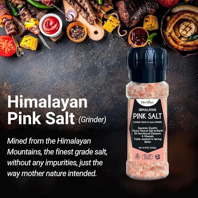 Herbion Naturals Himalayan Pink Salt Grinder Coarse Grain, 100% Pure with 84 Minerals for Seasoning, Refillable, Organic, All-Natural Salt, Triple-Washed in Spring Water, Vegan, Kosher Certified, Pack of 3