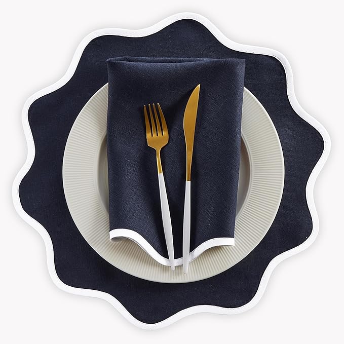 Solino Home Linen Scallop Cloth Placemats Set of 4-100% Pure Linen White and Navy Round Placemats 16 Inch for Fall, Autumn, Holiday, Winter - Giselle Scallop Edge, Handcrafted and Machine Washable