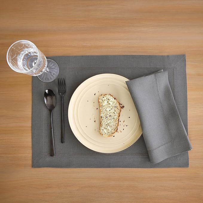 Solino Home Linen Cloth Napkins Set of 4-100% Pure Linen Steel Gray Dinner Napkins 20 x 20 Inch for Fall, Autumn - Classic Hemstitch, Handcrafted and Machine Washable