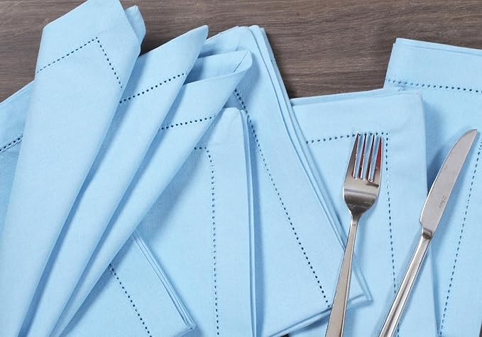 Bedding Craft Cloth Dinner Napkins Set of 12 – 18x18 Airy Blue Linen-Look Hemstitched – Soft Machine Washable Reusable Napkins for Weddings, Parties & Elegant Table Settings