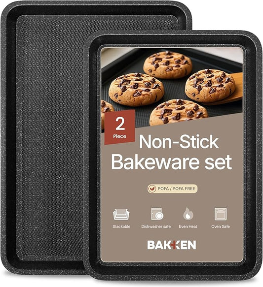 Diamond Bottom Cookie Sheet Set of 2, Nonstick Gray Marble Carbon Steel Baking Pans for Crisp Baking, Space-Saving Stackable Trays, PFOA, PFOS, PTFE Free, Oven Safe Up to 450°F, Small & Medium Pans