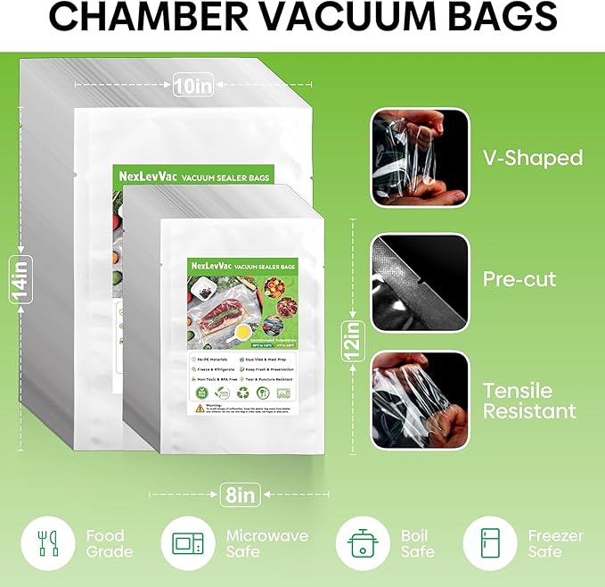 Chamber Vacuum Sealer Bags 200PCS 10"x14",Heavy Duty Pre-Cut Vacuum Chamber Pouches for Food Storage,Sous Vide or Meal Prep,BPA-Free Thick Seal a meal bag for Commercial Sealer Machine