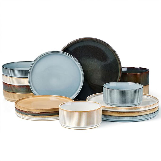 LIANYU Dinnerware Stoneware Sets with Pasta Bowls, 16 Piece Plates and Bowls Set for 4, Ribbed Dishes Set for Home, Microwave and Dishwasher Safe, Four-color