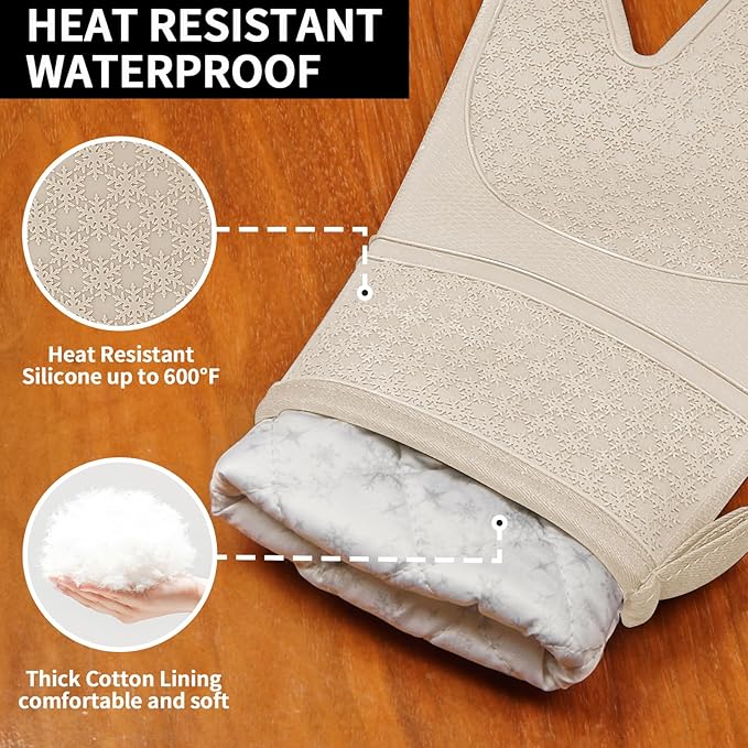 Hovico Silicone Oven Mitts, Heat Resistant 500F Kitchen Mitts 2PCS, 11.6" BPA-Free Soft Baking Gloves, Non-Slip Grip Oven Gloves with Soft Cotton Lining for Kitchen Cooking Baking BBQ - Milkshake
