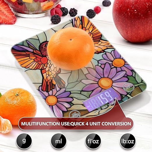 Brown Hummingbirds Purple Daisy Stained Glass Food Scale Kitchen Digital Scale Food Ounces and Grams Dieting Baking Cooking Waterproof Glass Panels LCD Display,4 Units Tare Function