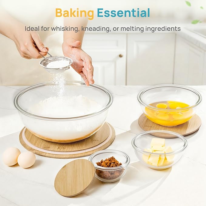 Vtopmart 5 Pack Glass Mixing Bowls with Bamboo Lids Set (3.75/2.1/1.1/0.5/0.2 QT), Salad Bowl Set, Nesting Kitchen Bowls for Serving, Prepping, Cooking and Baking, Dishwasher & Microwavable Safe