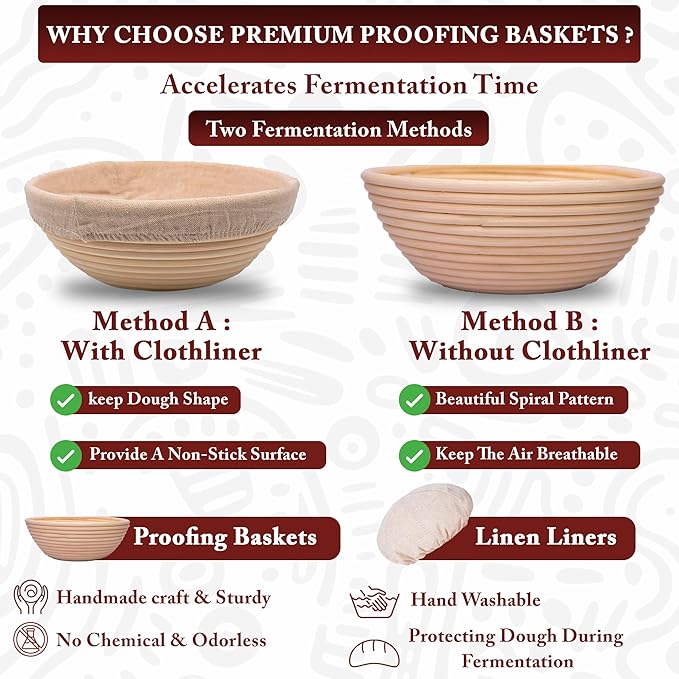 Banneton Bread Proofing Baskets - 2 Pcs 9 Inch Round Bread Proofing Baskets with liner, Plastic Scraper & Oil Brush | Ideal Gift for Bakers