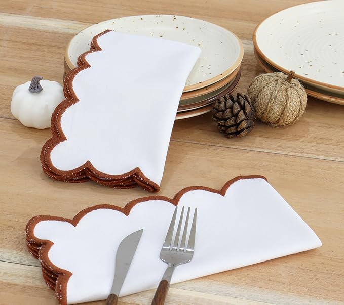 PurpleEssences Rust Scalloped Embroidery Cloth Napkins Christmas Holiday Winter Table Decor 100% Cotton Set of 4-18 x 18 inch - White - Edges - Rust