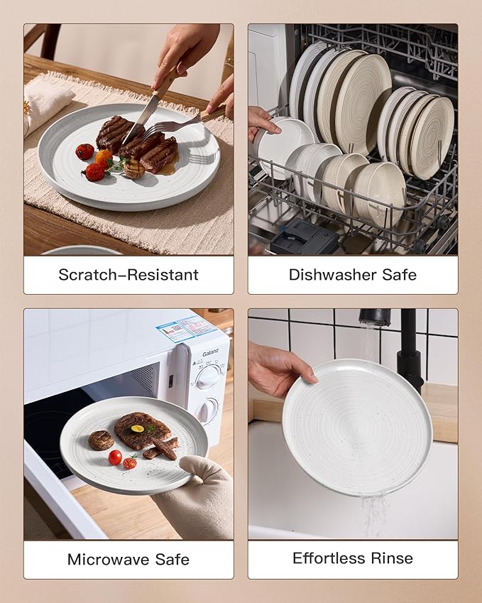 Stoneware Dinnerware Sets, Plate and Bowl Sets for 6, 18 Pieces Spiral Flared Dishware Set with Speckles & Reactive Glaze - Microwave and Dishwasher Safe Tableware, White