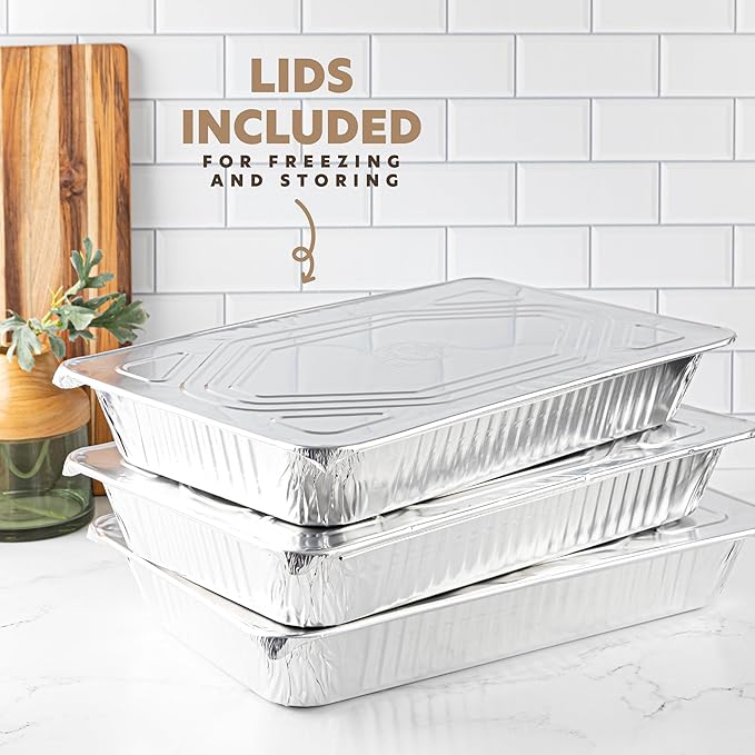 PLASTICPRO 25 Pack Aluminum Pans 13'' X 21" Disposable Pans with Covers Heavy Duty 20 lb Foil Pans for Baking and Cooking