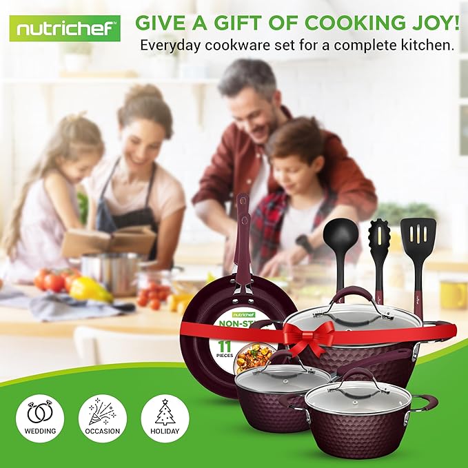 NutriChef Nonstick Cookware Excilon Home Kitchen Ware Pots & Pan Set with Saucepan Frying Pans, Cooking Pots, Lids, Utensil PTFE/PFOA/PFOS free, 11 Pcs, Purple Diamond, One size