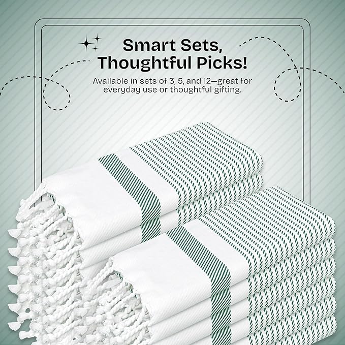 Turquiose Green Turkish Kitchen Towels 16"x26", 5 Pack, 100% Cotton, Ultra Absorbent, Soft, Fast Dry, Machine Washable, Dish Towel with Tassels for Drying Dishes, Cleaning, Wiping