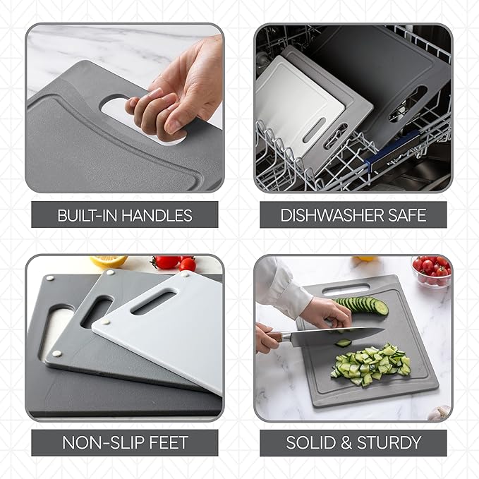 COOK WITH COLOR Non-Slip Cutting Board Set – Kitchen Essentials with Easy Grip Handle for Meat, Veggies, and Fruits, 3 Cutting Boards, Gray