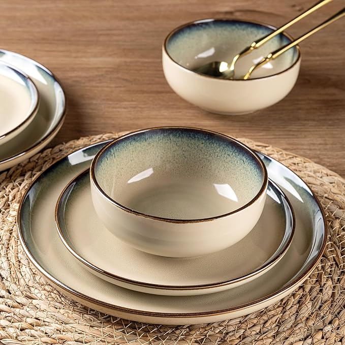 GBHOME Ceramic Dinnerware Sets for 6, 18 Pieces Stoneware Plates and Bowls Sets, Reactive Glaze Dishes -Scratch Resistant, Dishwasher&Microwave Safe,Pale Khaki