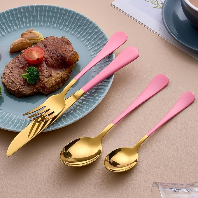 20-Piece Gold & Pink Silverware Set for 4, 18/0 Stainless Steel Flatware Cutlery Utensils Set, Includes Dinner Knives, Forks, Spoons, Salad Forks, Teaspoons, Dishwasher Safe