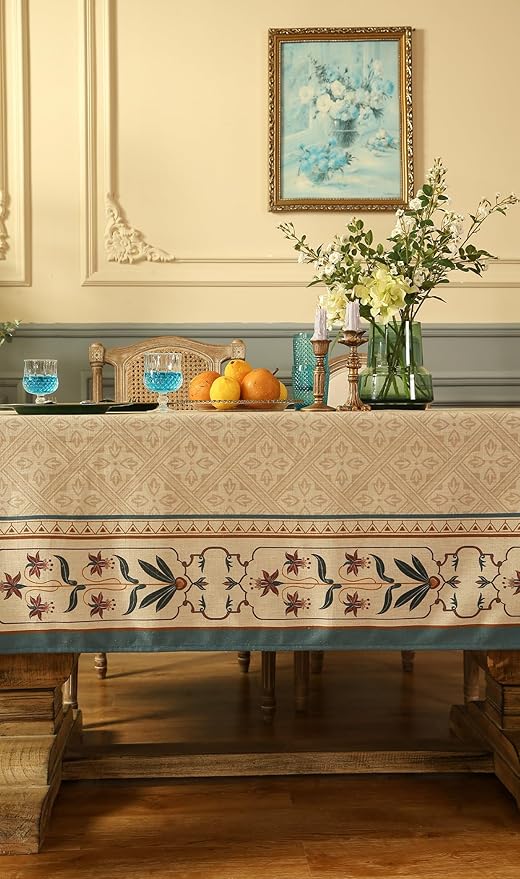 patdrea Designer Floral Linen Table Cloth Durable Breathable Tabletop Cover Dacorative Kitchen Dining Tablecloth for Rectangular Tables for Kitchen Dining Parties,Holiday Christmas,67"x 118"