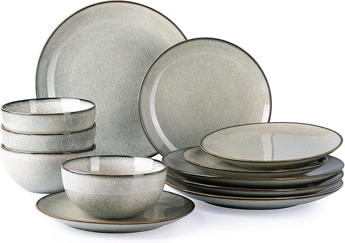 GBHOME Ceramic Dinnerware Sets for 4, 12 Pieces Stoneware Plates and Bowls Sets, Reactive Glaze Dishes -Scratch Resistant, Dishwasher&Microwave Safe