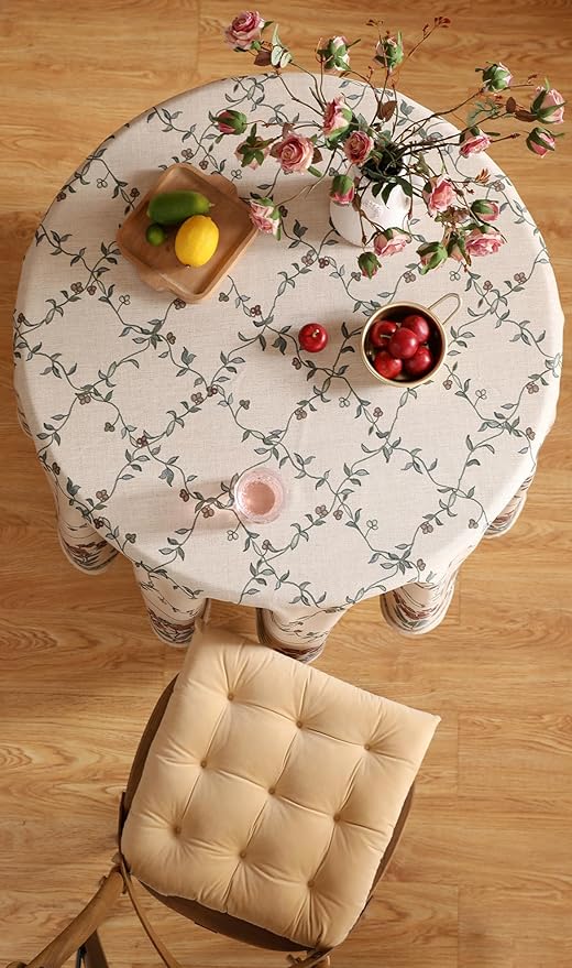 patdrea Designer Floral Linen Table Cloth Durable Breathable Tabletop Cover Dacorative Kitchen Dining Tablecloth for Round Tables for Kitchen Dining Parties,Holiday Christmas,Diameter 55"