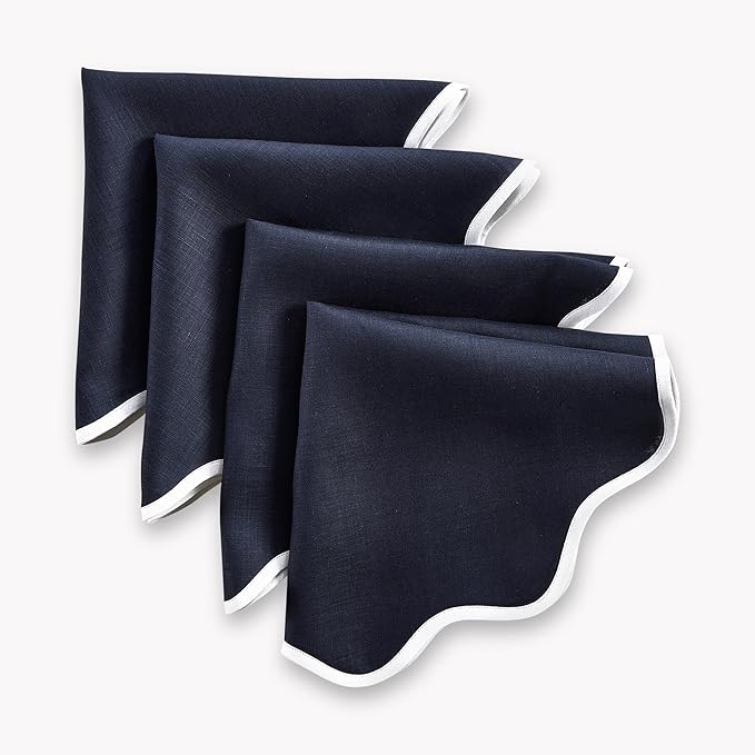 Solino Home Scallop Linen Napkins Set of 4-100% Pure Linen White and Navy Dinner Napkins Cloth 20 Inch for Fall, Autumn - Giselle Scallop Edge, Handcrafted and Machine Washable