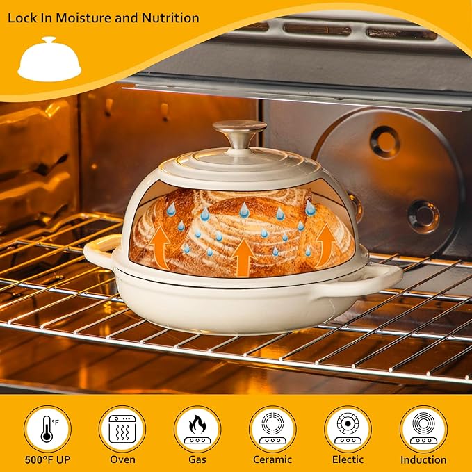 Velaze Enameled Cast Iron Dutch Oven for Bread Baking,5 QT Round Bread Oven Pot with Dome Lid for Sourdough, Roasting,Braising(White)