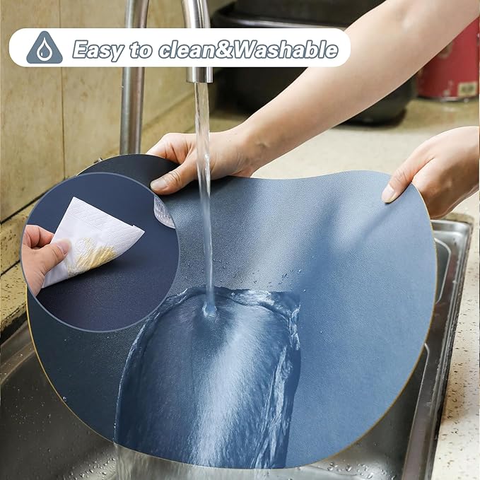 Reversible Placemats Set of 6 Waterproof Oval Faux Leather Placemat Navy Blue and Yellow PU Table Mats Heat Resistant Anti Slip Washable Place Mat for Indoor and Outdoor Dining Table