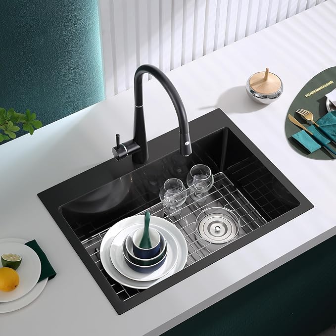 24 inch Drop-in Black Kitchen Sink Single Bowl, Topmount Kitchen Sink with Protective Bottom Grid, Overmount 304 Stainless Steel Kitchen Bar Sink Handmade with Basket Strainer, 24×18×9 inch