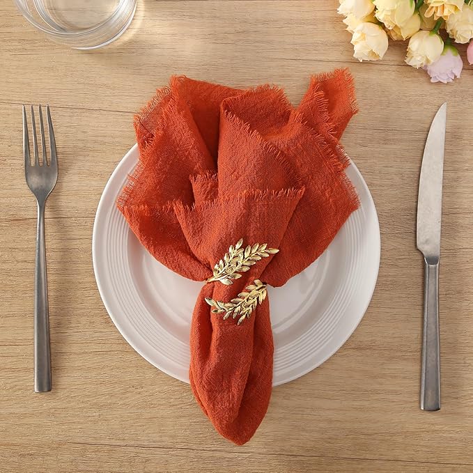 Handmade Cloth Napkins with Fringe, 100% Cotton Napkins, Delicate Handmade Linen Napkins for Dinners, Parties, Weddings and More, 17 x 17 Inch Set of 12 - Orange