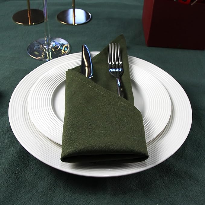 Solid Color Linen Blended Thin Dinner Cloth Napkins - Set of 12 (40 x 40 cm) - for Events & Home Use (Multi Green)