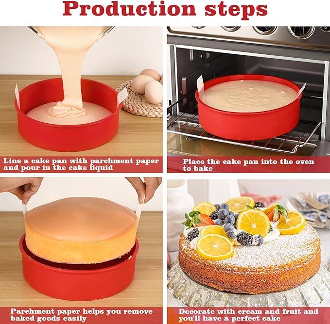 HUAKENER 10 Inch Round Cake Pan, 3 Pack Silicone Cake Molds with 100 Pieces Parchment Paper, Nonstick Cake Molds for Birthday Cakes, Layer Cakes, Cheese Caks, Chocolate Cakes