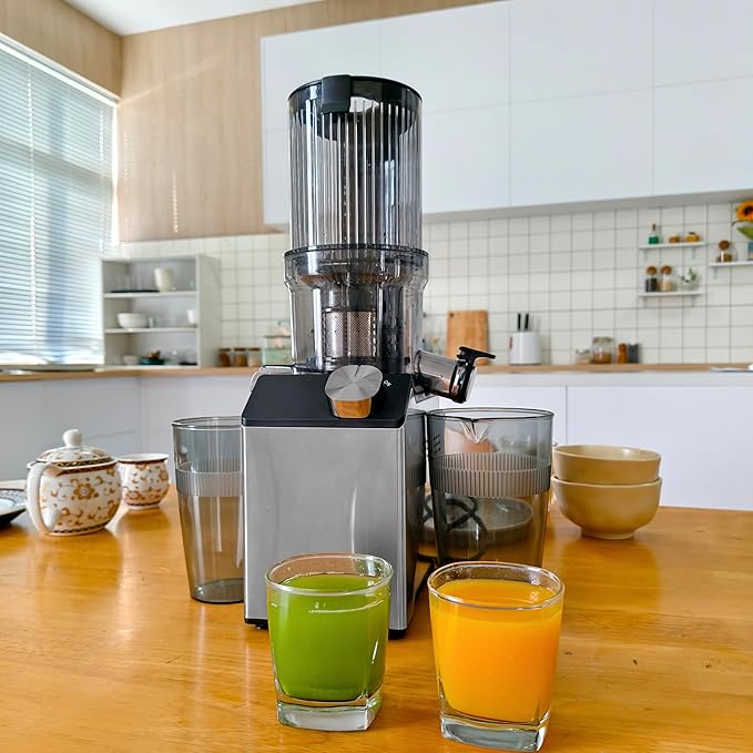 Cold Press Juicer, Wide Feed Chute Juicer Machines, Stainless Steel Slow Masticating Juicers Easy to Clean, Vegetables & Fruits Juice Extractor, High Juice Yield, Gray Knob