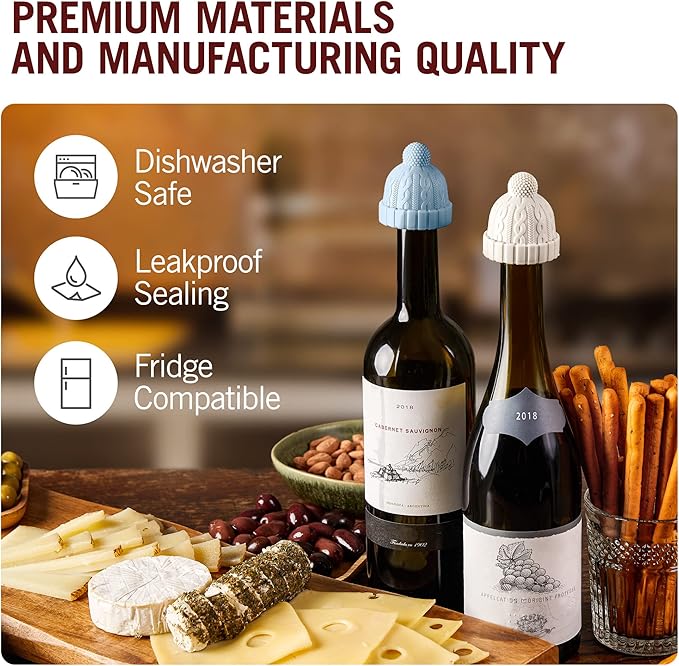 Monkey Business Beanie Wine Stopper | 2 Wine Stoppers in 1 Pack | Cute Wine Accessories | Fun Kitchen Gadgets | Wine Stoppers for Wine Bottles | Knit-Beanie-Shaped Wine Bottle Stopper w/a Pom-Pom