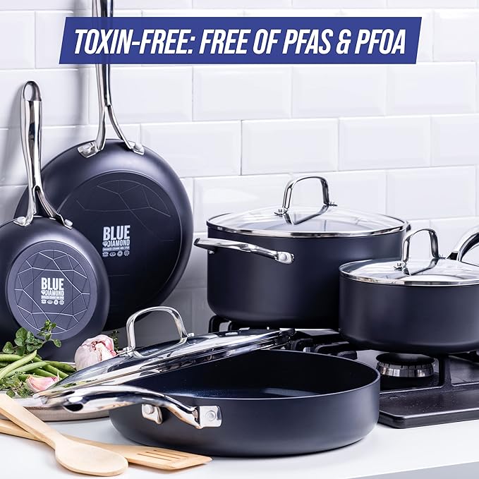 Blue Diamond Cookware Hard Anodized Ceramic Nonstick, 10 Piece Cookware Pots and Pans Set, Non-Toxic PFAS-Free, Dishwasher and Oven Safe, Durable, Even Heating, Metal Utensil Safe, Gray