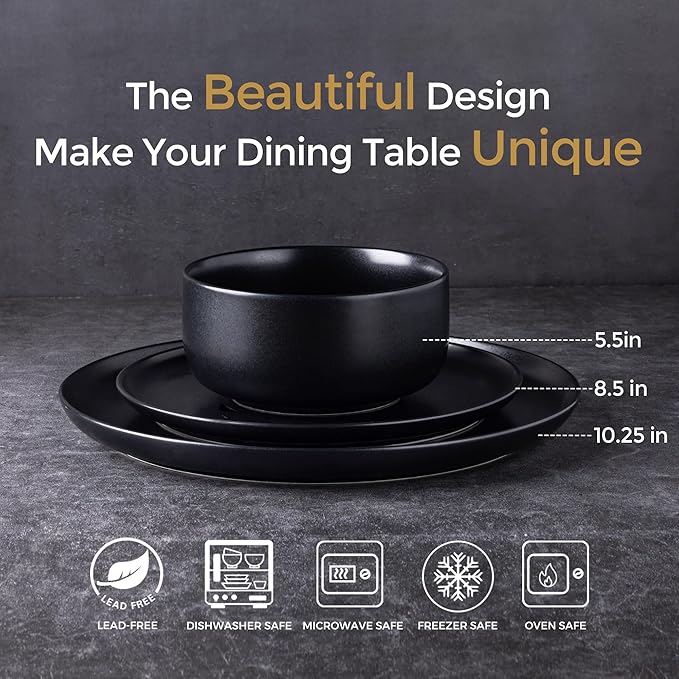 LERATIO Stoneware Dinnerware Sets for 6,Handcarft Ceramic Plates and Bowls Sets,Chip and Scratch Resistant Dishes, Dishwasher & Microwave Safe, Oven safe,Reactive Glaze-Black