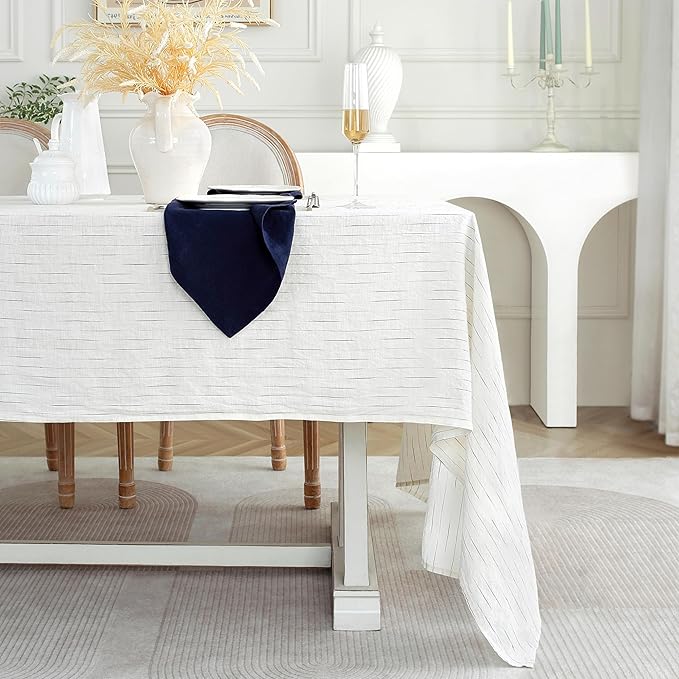 Linen World Stripe Linen Tablecloth, 100% French Navy Pinstripe Table Cloth 55" x 55" Inch, Washable Square Tablecloth for Dining, Outdoor, Weddings and Restaurants, Decorative Valentine Easter