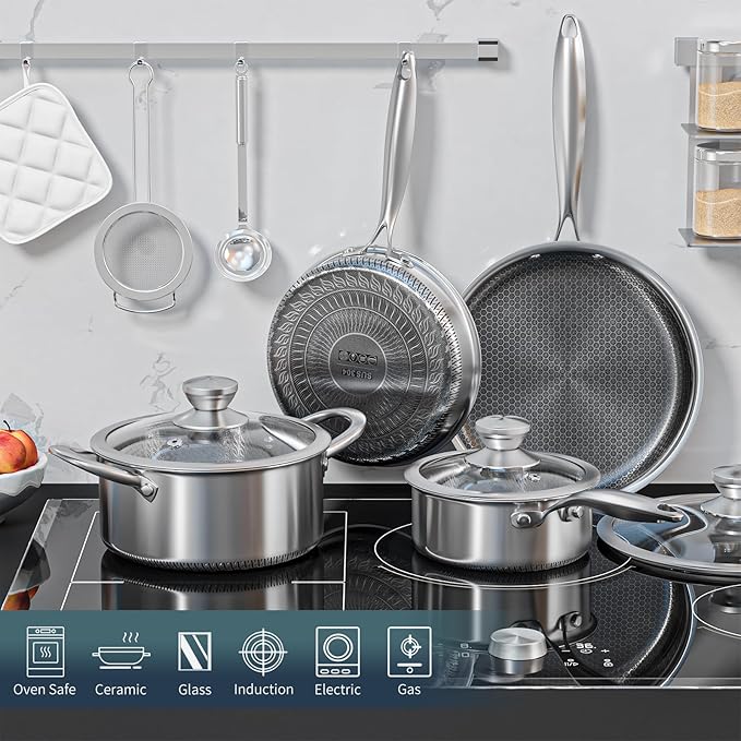 AuFranc® Hybrid Nonstick Stainless Steel Pots and Pans Set, Induction Cookware Set with Tempered Glass Lids, Non-stick Pot and Pan Set Suitable for All Cooktops, Non-Toxic, Dishwasher & Oven Safe