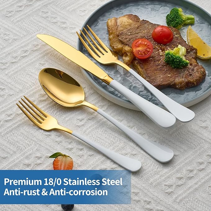 20-Piece White & Gold Silverware Set, 18/0 Stainless Steel Colorful Handle Flatware Set,Service for 4,Modern Cutlery Set Includes Dinner Knives Forks Spoons,Mirror Polished,Dishwasher Safe