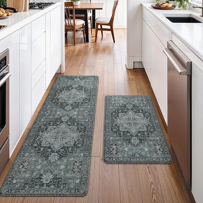 GENIMO Kitchen Mats for Floor 2PCs, Washable Anti Fatigue Mat for Cushioned, 17.3"x59"+17.3"x30", Waterproof Kitchen Rugs, Non Slip Comfort Standing Mat Rug for Home, Sink, Laundry, Dark Gray
