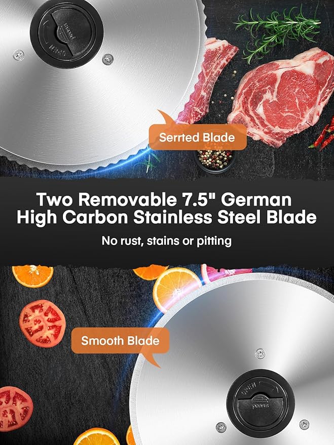 FOHERE Electric Meat Slicer 200W Deli Slicer for Home with Removable Two 7.5” Blades, 0-15mm Precision Thickness Adjustment Knob Cut Deli Food, Meat Ham Bread Fruit, Include Food Carriage, Black