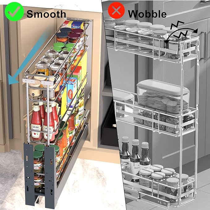 Pull Out Spice Rack for Narrow Cabinet (7.8" W X 19.7" D), Heavy Duty 3 Tier narrow PullOut Cabinet Organizer and Slide Out Shelves for inside Base Cabinets, Filler Pantry Storage