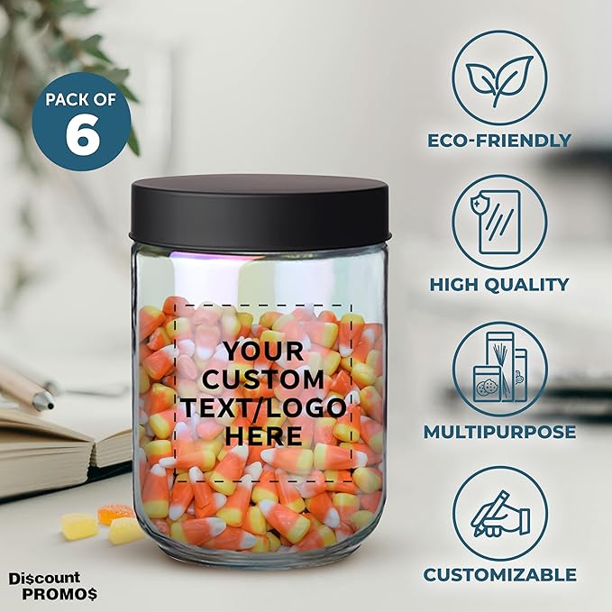 DISCOUNT PROMOS Custom Luminous 32 oz.Storage Jars Set of 6, Personalized Bulk Pack - Durable Kitchen Organization, Home Decor Essentials, Food Storage Solutions - Clear