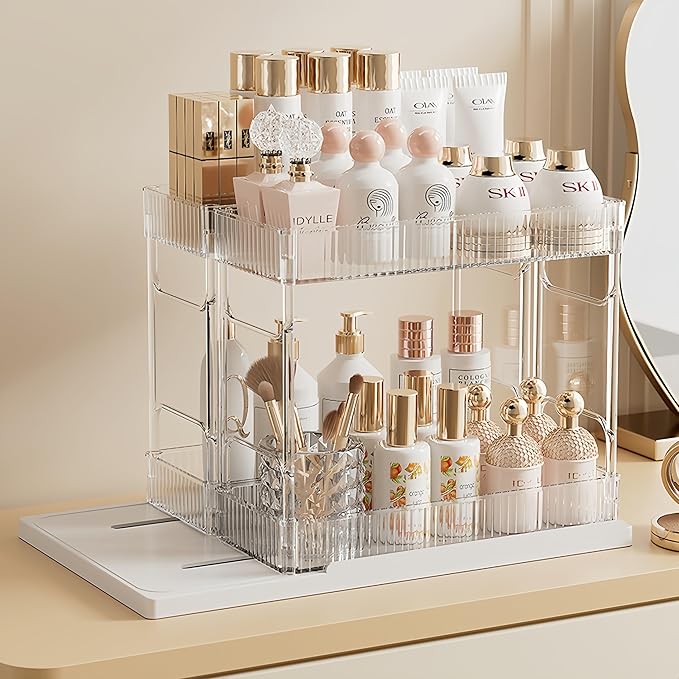 Pull Out Spice Rack Organizer for Cabinet, Rotatable 2 Tier Slide Out Seasoning Organizer and Storage Adhesive Vertical Spice Rack Shelf Pullout for Kitchen Cabinets(2 Drawer, Acrylic)