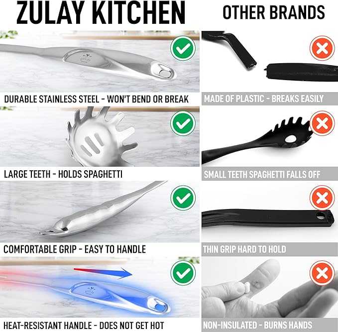 Zulay Kitchen Premium Stainless Steel Spaghetti Server – Pasta Fork with Teeth – Easy to Use & Clean Pasta Utensil – 12” Pasta Server