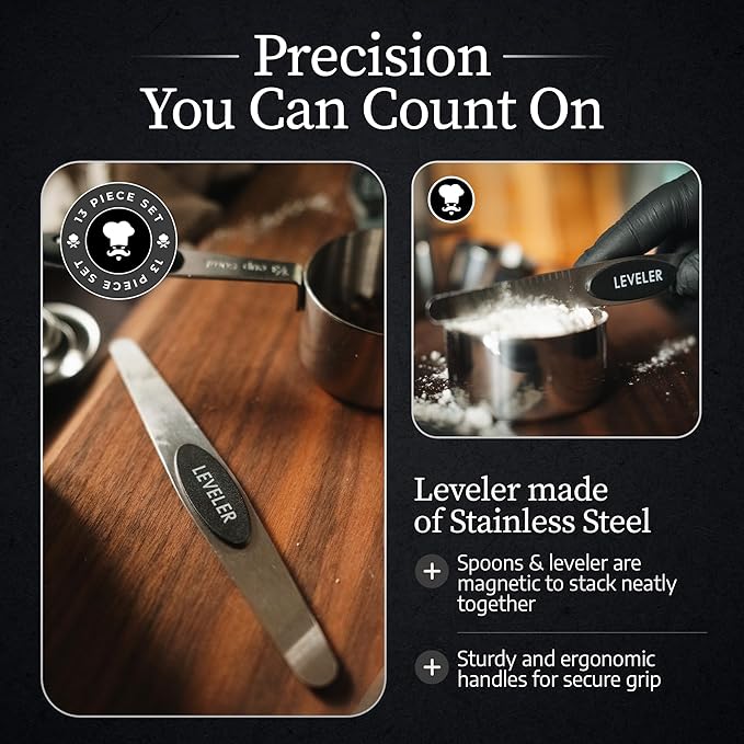 GRUMPY CHEF Stainless Steel Measuring Cups and Spoons Set with Magnetic Leveler – 13-Piece Nesting Set, Dual-Sided Magnetic Spoons, Flat Bottom Design for Stability – Rust-Resistant, Dishwasher Safe