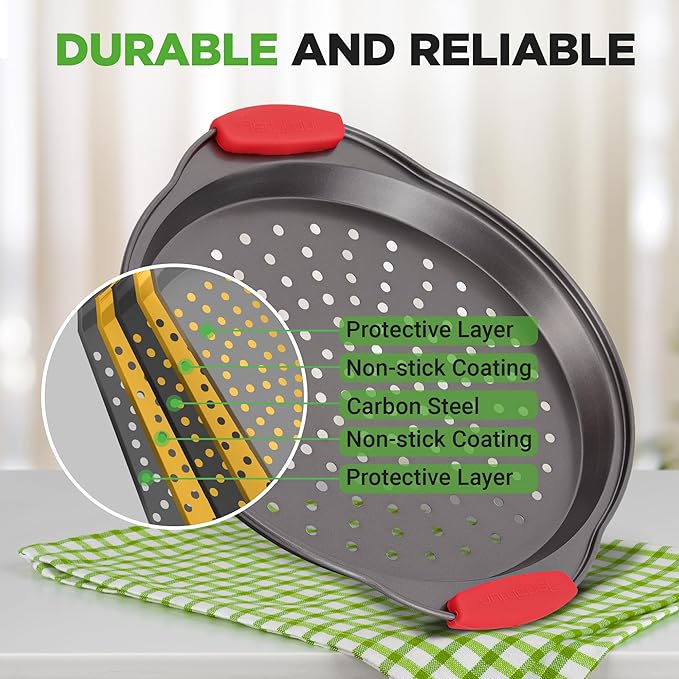 NutriChef 3-Piece Pizza Tray Set with Silicone Handles - Round Nonstick Pizza Pan with Perforated Holes, Durable Carbon Steel, Small, Medium, Large Sizes - Ideal for Crispy, Evenly Baked Pizzas (Gray)