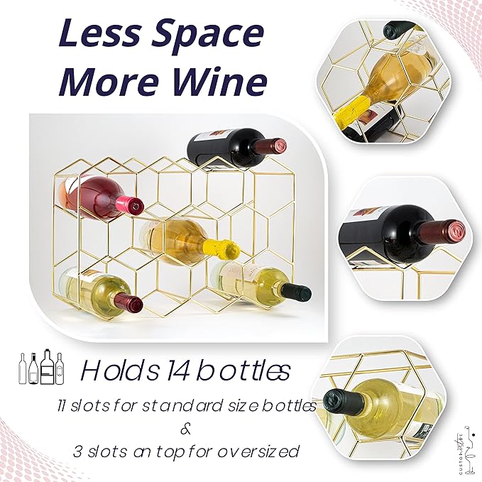Gusto Nostro Countertop Wine Rack - 14 Bottle Freestanding Modern Gold Metal Small Wine Rack - 3 Tier Tabletop Wine Holder Stand for Cabinet, Pantry, Wine Bottle Storage - No Assembly Required