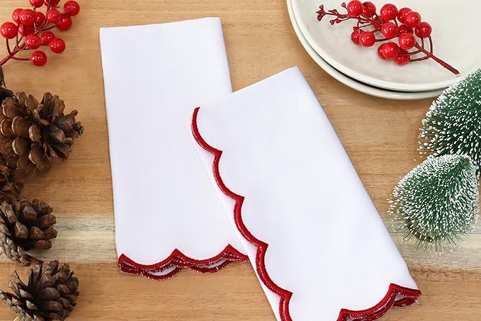 PurpleEssences Scalloped Embroidery Cloth Napkins Christmas Holiday Winter Table Decor 100% Cotton Set of 4-18 x 18 inch - White - Edges - Red