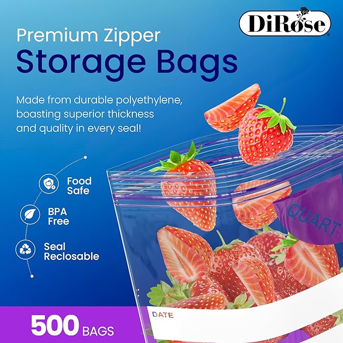 DiRose Quart Bags Pack of 500 – 1 Quart Reclosable Food Storage Bags – Practical and Durable Design – Food Safe Non-BPA Material – Easy Double Zip Closure – Ideal for Food, Snacks, Organizing